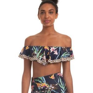 Trina Turk Fiji Off Shoulder Ruffle Floral Mix Print Bikini Top in Navy | S/M